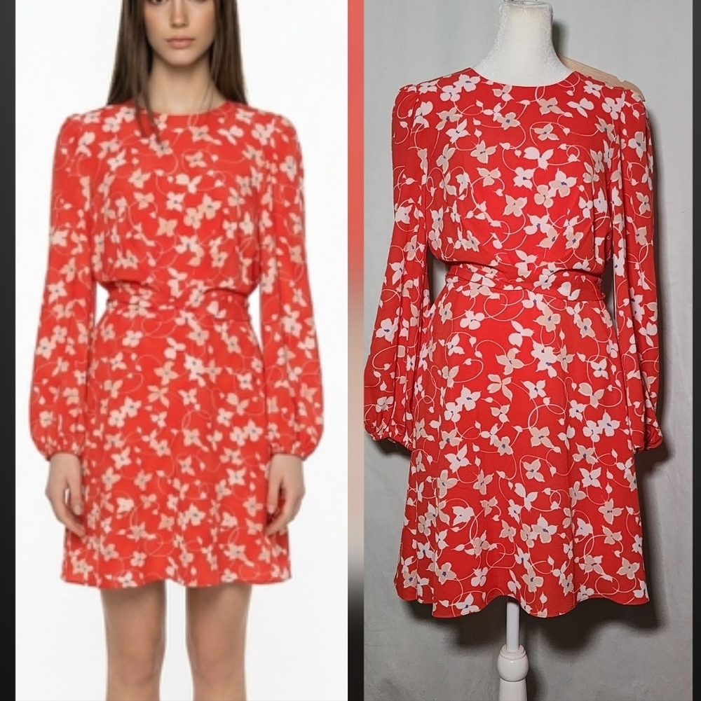 Eliza J Red & White Long-Sleeve Floral Twist-Waist Dress